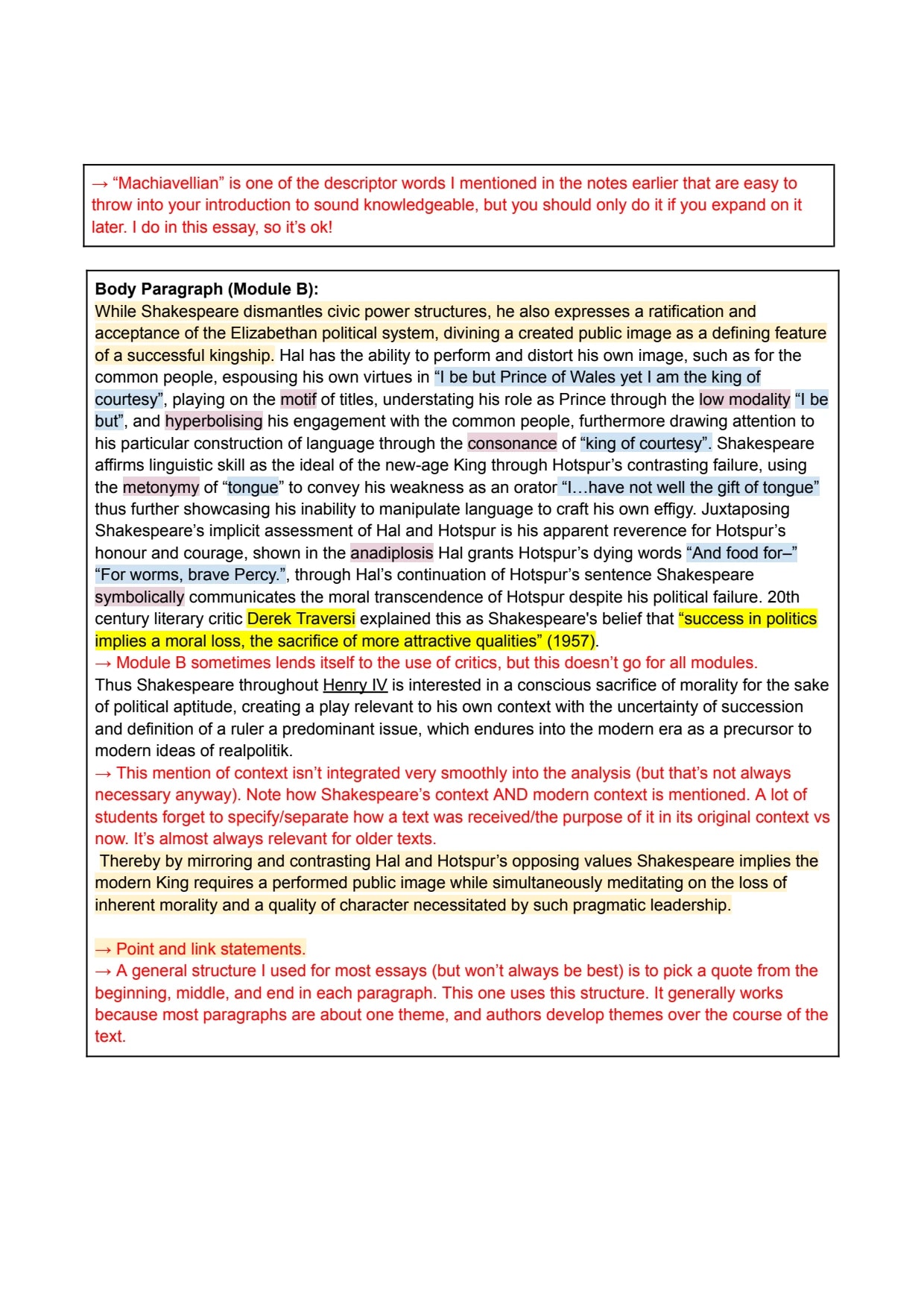 A page of Headway Tuition English essay writing notes: a Module B body paragraph on Shakespeare with its techniques, quotations and context highlighted in different colours, and the tutor’s comments on each choice written between the paragraphs in red.